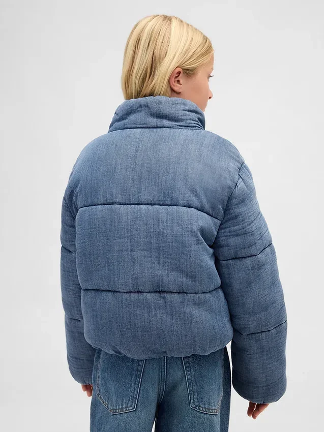 Mjuk, quiltad pufferjacka i denim med mykt foder för barn