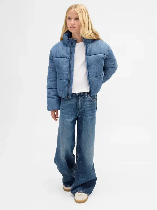 Mjuk, quiltad pufferjacka i denim med mykt foder för barn