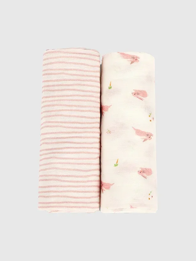 Omslagsset i bambu med liten kanin och rosa vågor