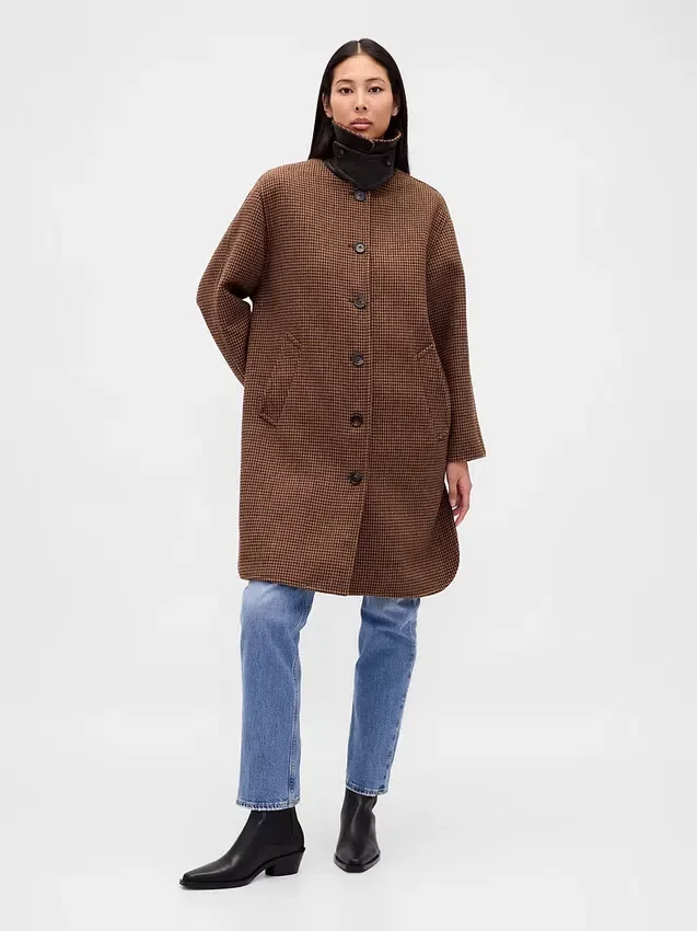 Oversized bilrock i ullblandning med hundtandsmönster