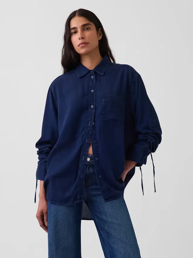 Oversized skjorta i denim med rynkade ärmar