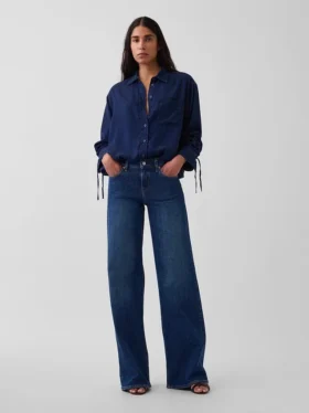 Oversized skjorta i denim med rynkade ärmar