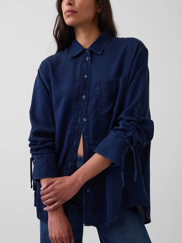 Oversized skjorta i denim med rynkade ärmar