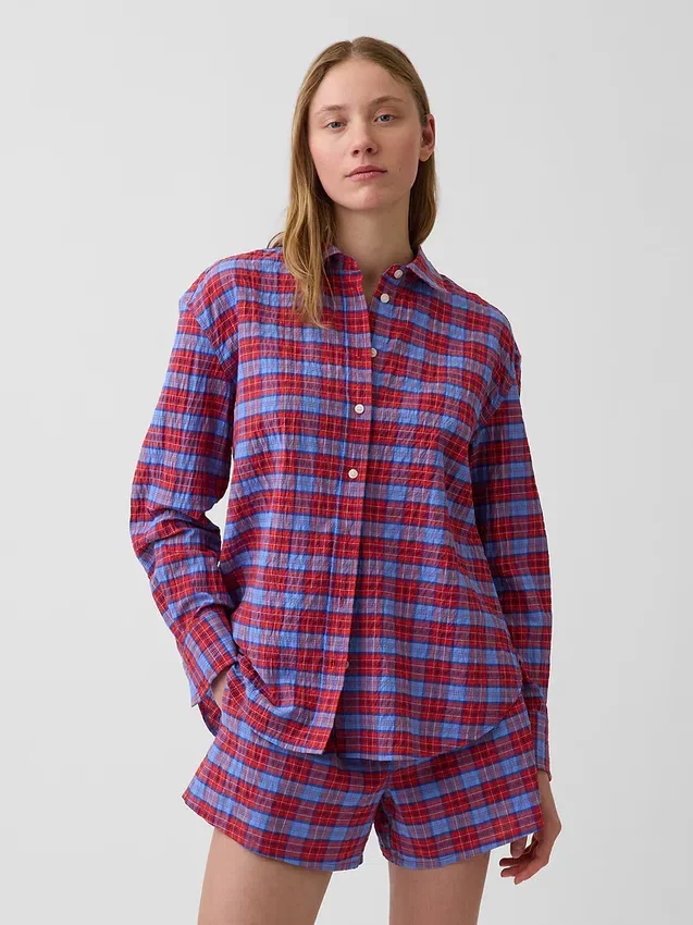 Oversized skjorta i seersucker-rutmönster