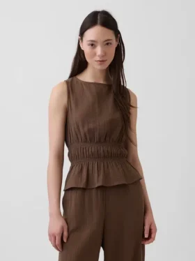 Peplum-top i bomullsgasväv med smockad midja