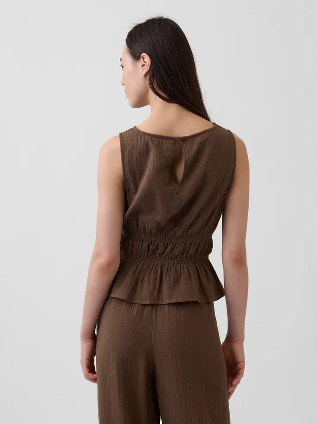 Peplum-top i bomullsgasväv med smockad midja