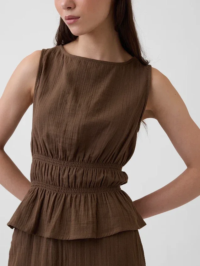 Peplum-top i bomullsgasväv med smockad midja