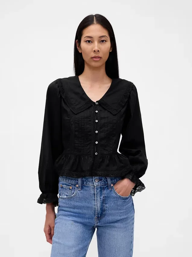 Peplum-top med krage och V-ringning