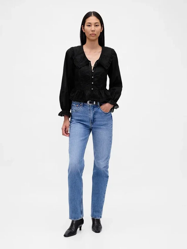 Peplum-top med krage och V-ringning