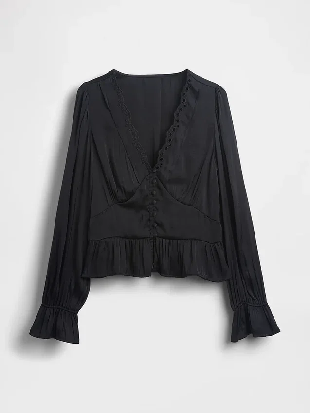Peplum-top med V-ringning och hålbroderi