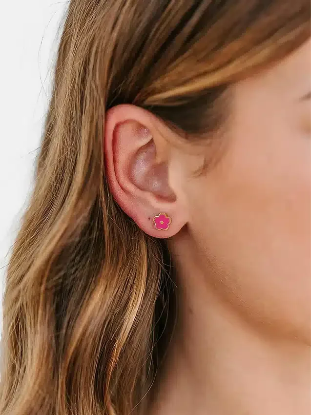 Pierced Co knallrosa blommiga örhängen med skruvstängning