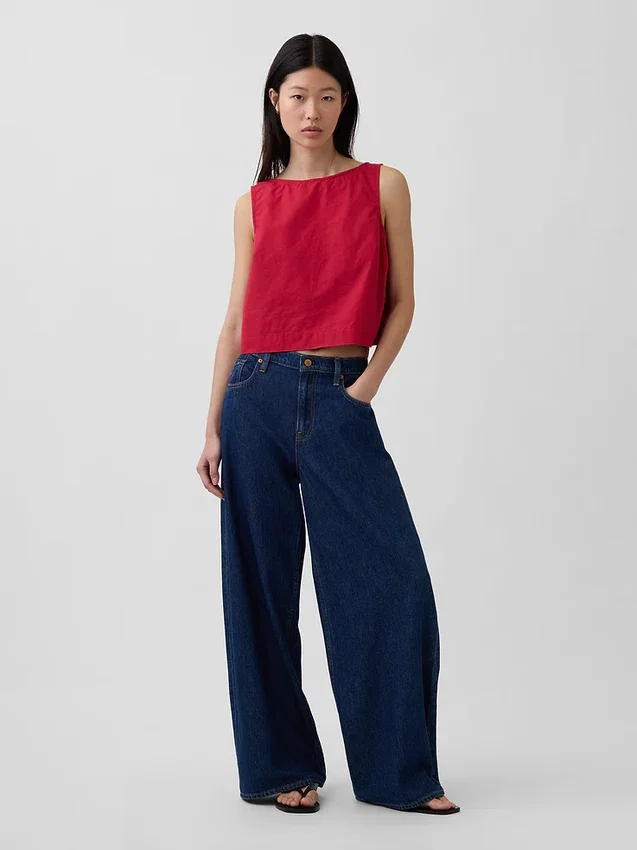 Poplin-linne med båthals