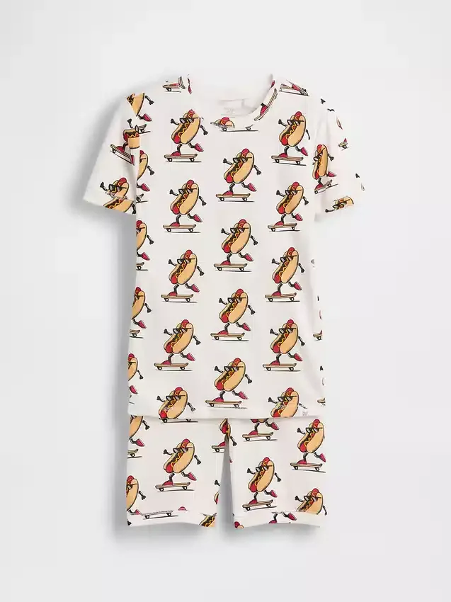 Pyjamas-set för barn i ekologisk borstad bomull med hot dog-motiv