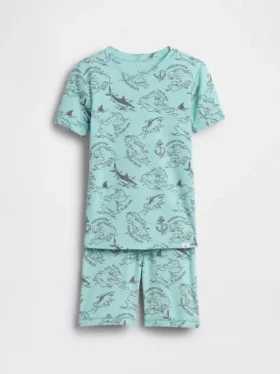 Pyjamas-set för barn i ekologisk borstad bomull med piratkartmönster på Shorts