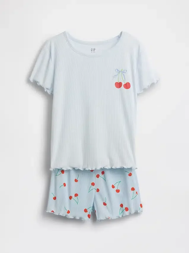 Pyjamas-set för barn i återvunnen ribbstickad tröja och shorts