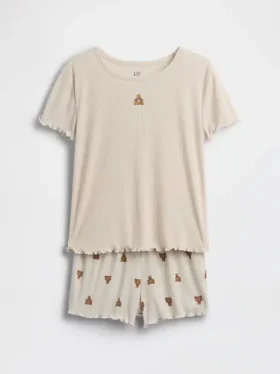 Pyjamas-set för barn i återvunnen ribbstickad tröja och shorts med Brannan Bear