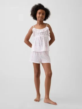 Pyjamas-set för barn i återvunnet material med volangtop och shorts