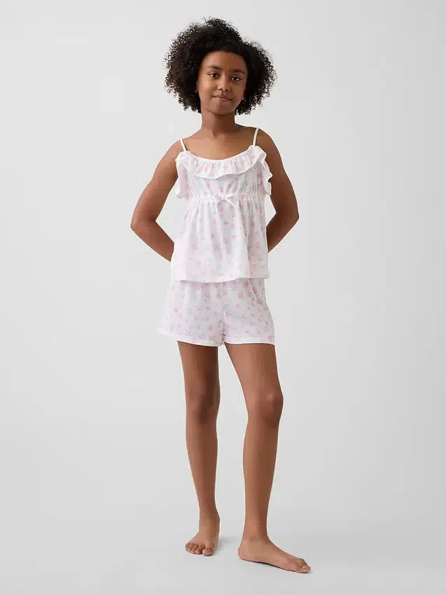 Pyjamas-set för barn i återvunnet material med volangtop och shorts