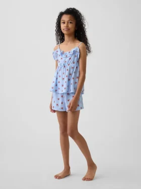 Pyjamas-set för barn i återvunnet material med volangtop och shorts