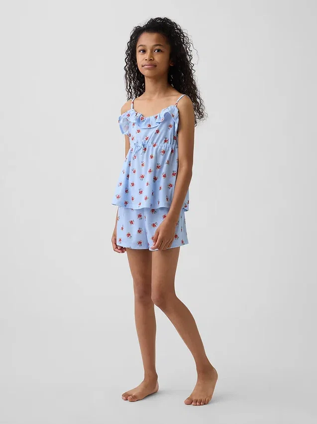 Pyjamas-set för barn i återvunnet material med volangtop och shorts