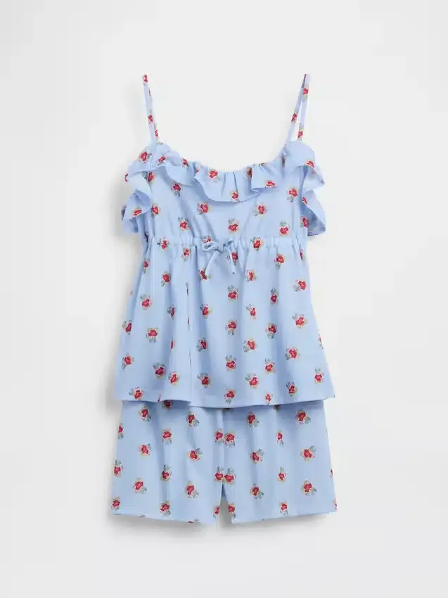 Pyjamas-set för barn i återvunnet material med volangtop och shorts