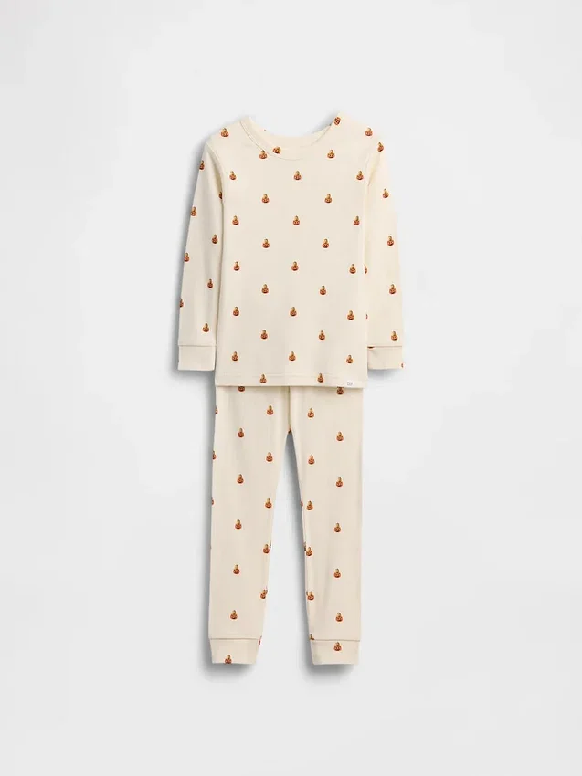 Pyjamas-set för barn och spädbarn i ekologisk borstad bomull med Pumpkin Bear-motiv