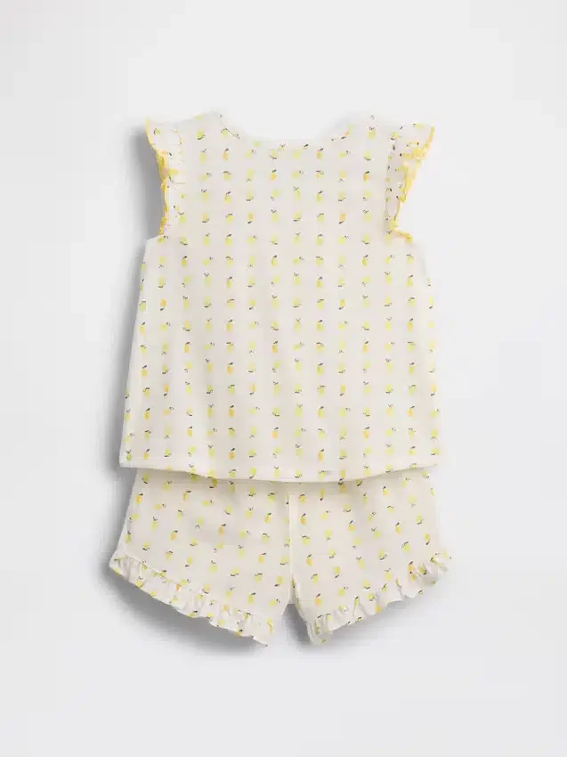 Pyjamas-set med korta shorts och volanger i återvunnet tyg med fruktmotiv för Baby & Småbarn