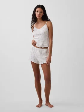 Pyjamas-Shorts i pointelle med vågig fåll