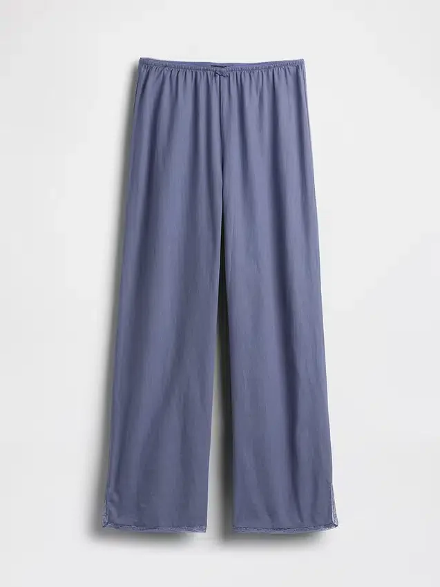 Pyjamasbyxor i linneblandning med spetskant