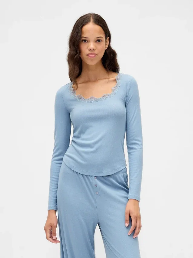 Pyjamasöverdel med mini-ribb och spetskant