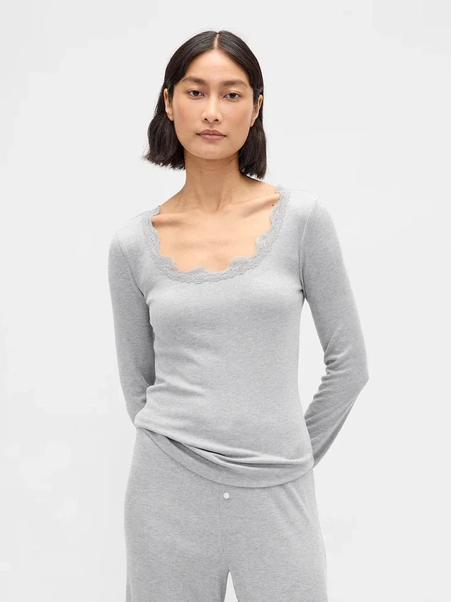 Pyjamasöverdel med mini-ribb och spetskant
