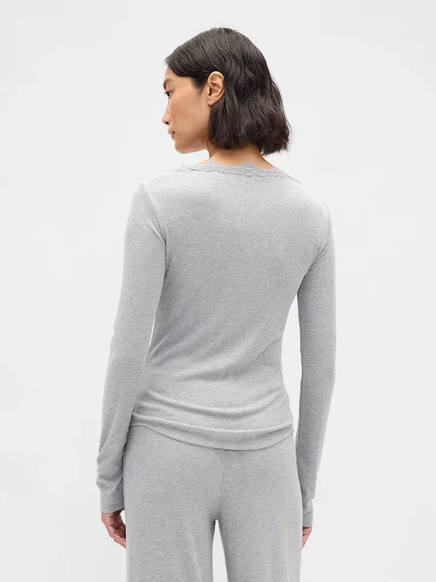 Pyjamasöverdel med mini-ribb och spetskant