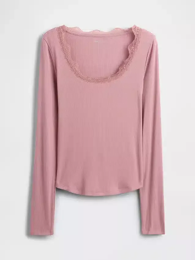 Pyjamasöverdel med mini-ribb och spetskant