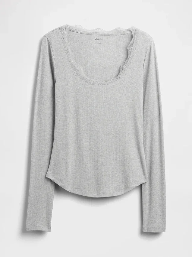 Pyjamasöverdel med mini-ribb och spetskant