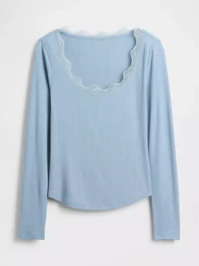 Pyjamasöverdel med mini-ribb och spetskant