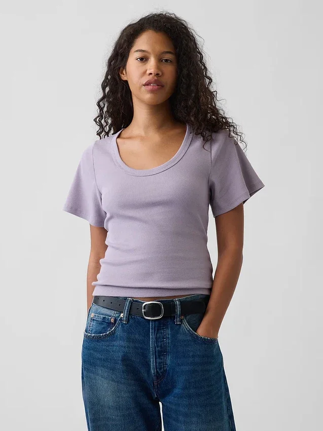 Ribbad T-shirt med rund hals