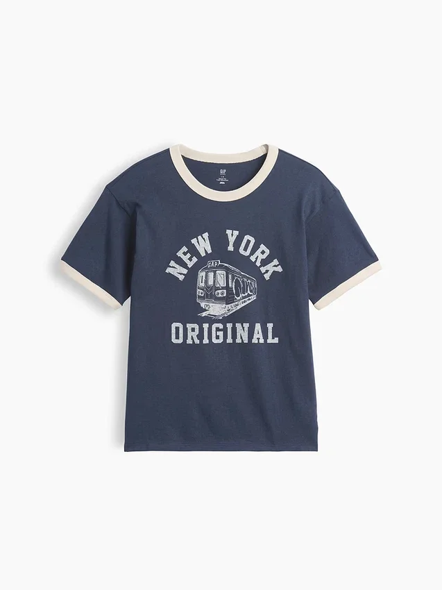 Ringer-T-shirt med tryck för barn i avslappnad passform med New York-motiv