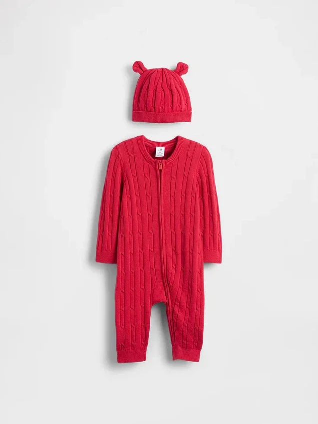 Set med heldress i kabelstickning för bebis