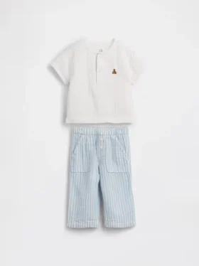 Set med Henley-tröja och byxor i bomullsgasväv för spädbarn
