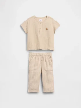 Set med Henley-tröja och byxor i bomullsgasväv för spädbarn