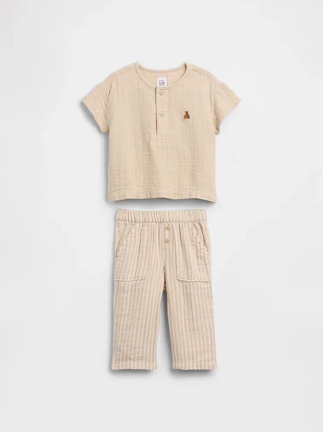 Set med Henley-tröja och byxor i bomullsgasväv för spädbarn