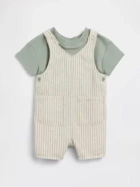 Set med kort overall i linne-bomull