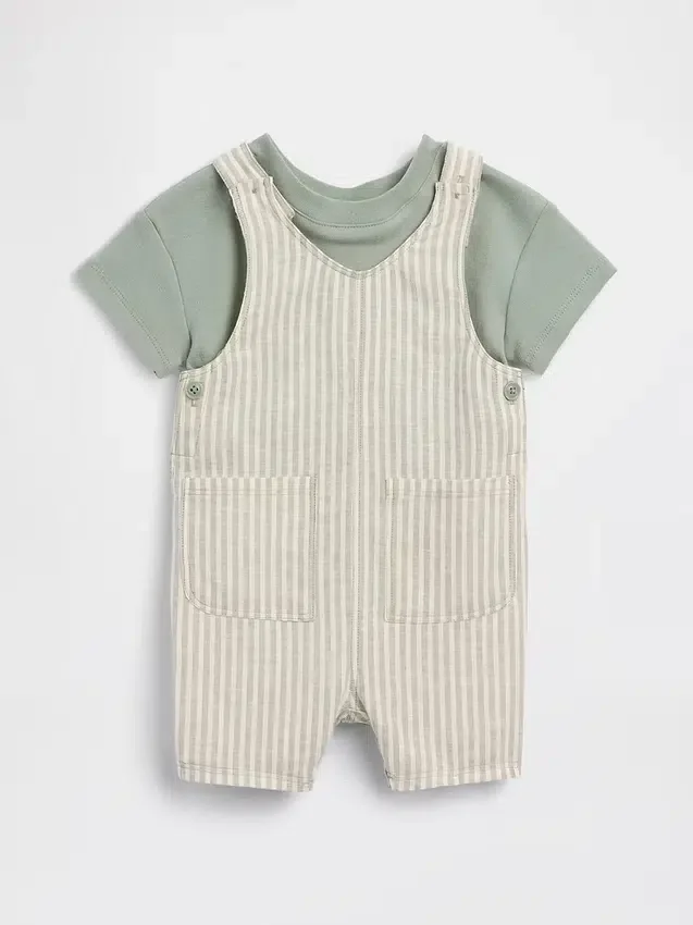 Set med kort overall i linne-bomull