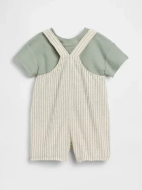 Set med kort overall i linne-bomull