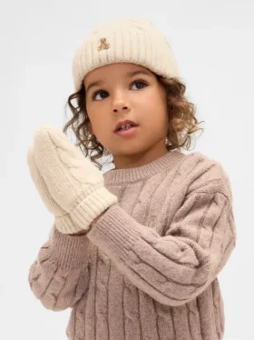 Set med mjuk, kabelstickad mössa och vantar för Baby & Småbarn