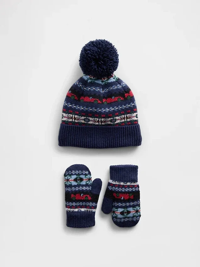 Set med mössa och vantar med pom-pom i Fair Isle-mönster för Baby & Småbarn