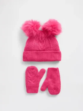 Set med mössa och vantar med pom-pom i kabelstickning för Baby & Småbarn