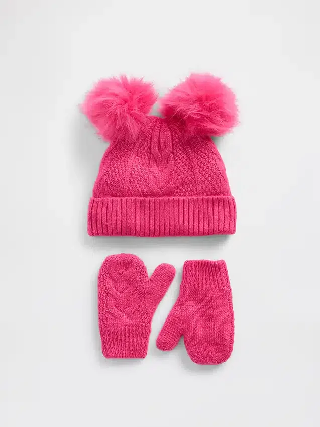 Set med mössa och vantar med pom-pom i kabelstickning för Baby & Småbarn