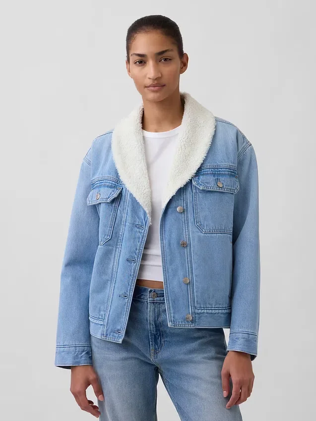 Sherpa-fodrad denimjacka med sjalkrage