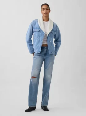 Sherpa-fodrad denimjacka med sjalkrage